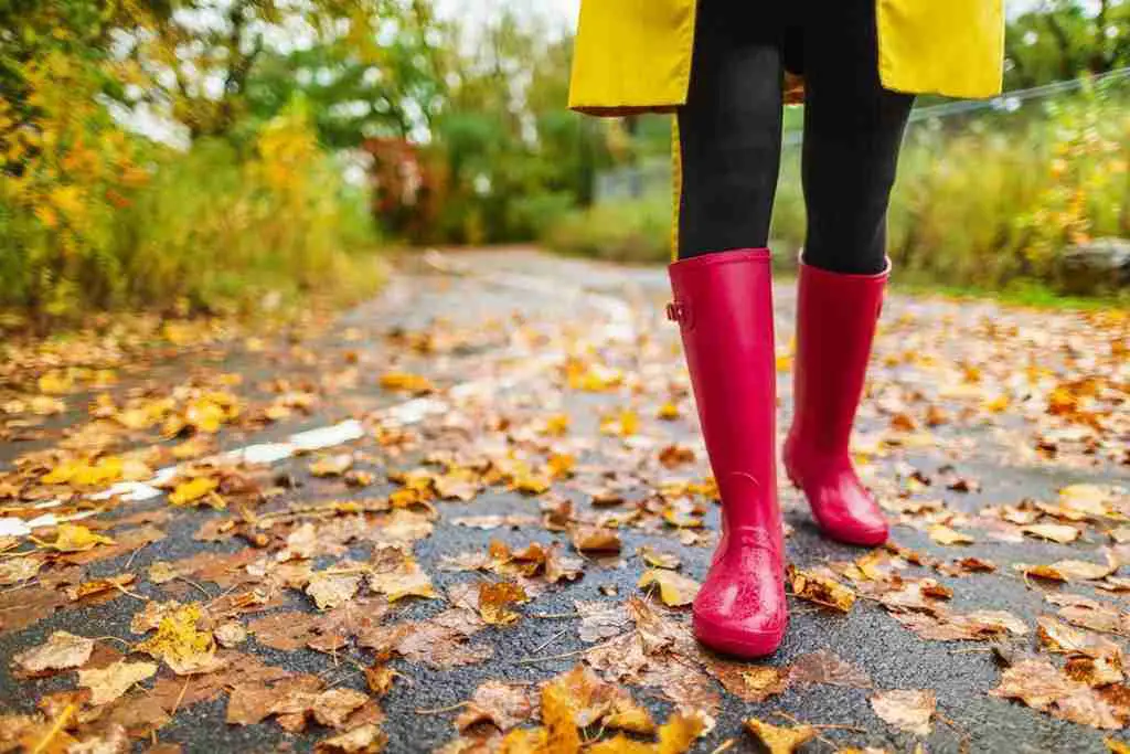 colorful leaves and red rain boots woman feet walking in park outside