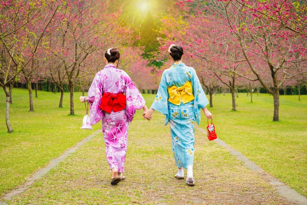 wearing pretty kimono japan girls walking together