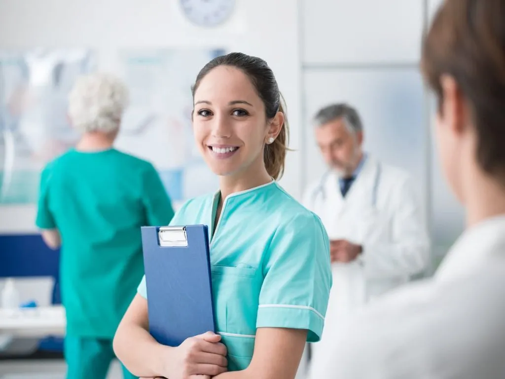 young woman interacting with medical professionals, carrying medical records, and wearing earrings