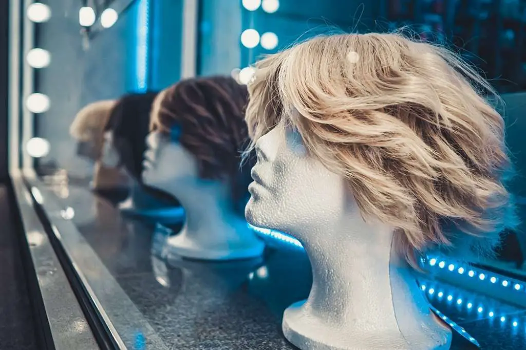 female mannequins heads in a row on a store